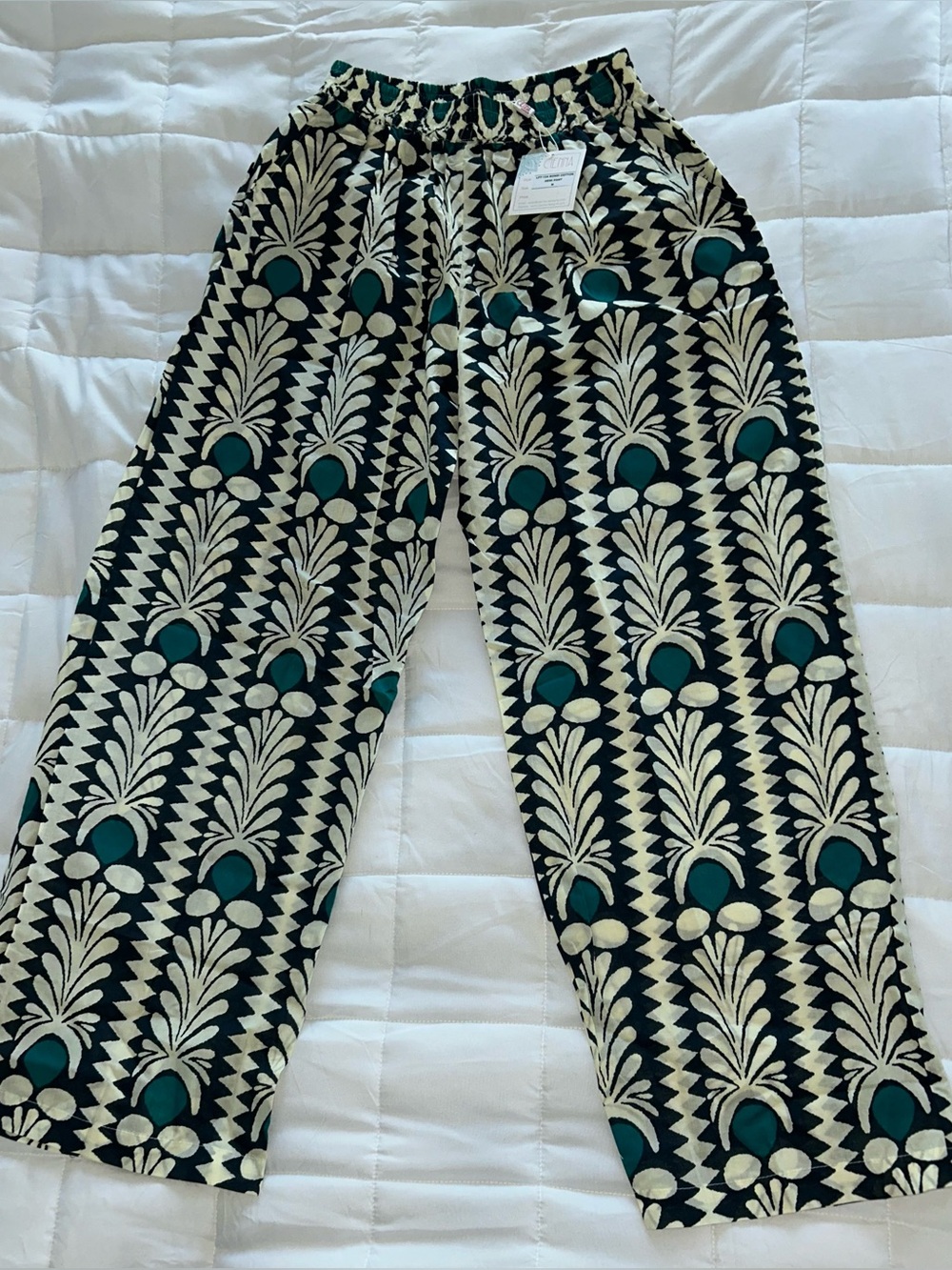 Wide Leg Printed Pants in Teal and Cream